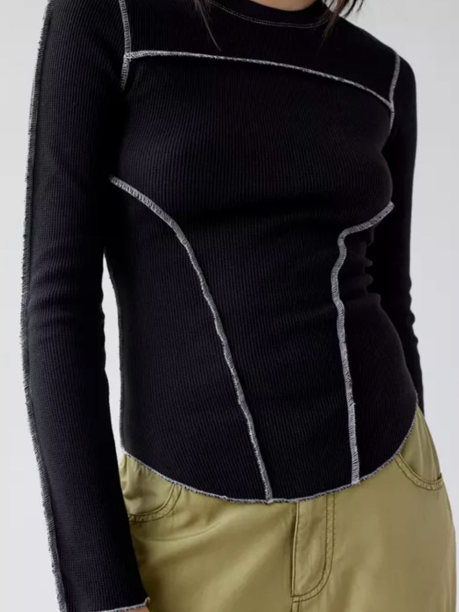 Urban Outfitters Black Ribbed Top With White Contrast Stitching